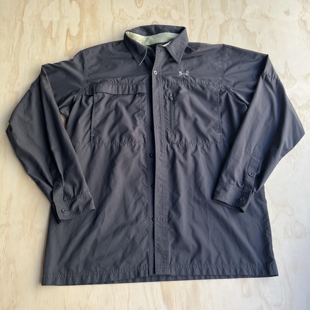 Under Armour Fishing Mens XXL Gray Button Front Windbreaker Shirt Lined‎ Pockets
